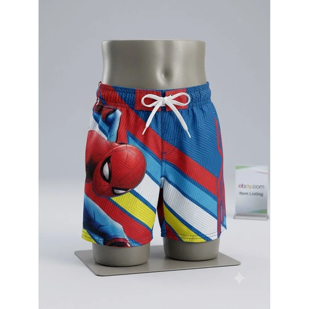 NWOT Boys Marvel SpiderMan Swim Trunks Size XS Blue Red Elastic Drawstring Line